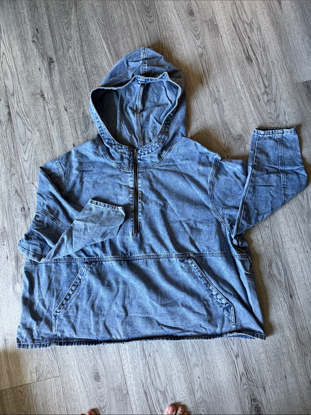 SHEIN Blue Denim Quarter-zip Hooded Pullover